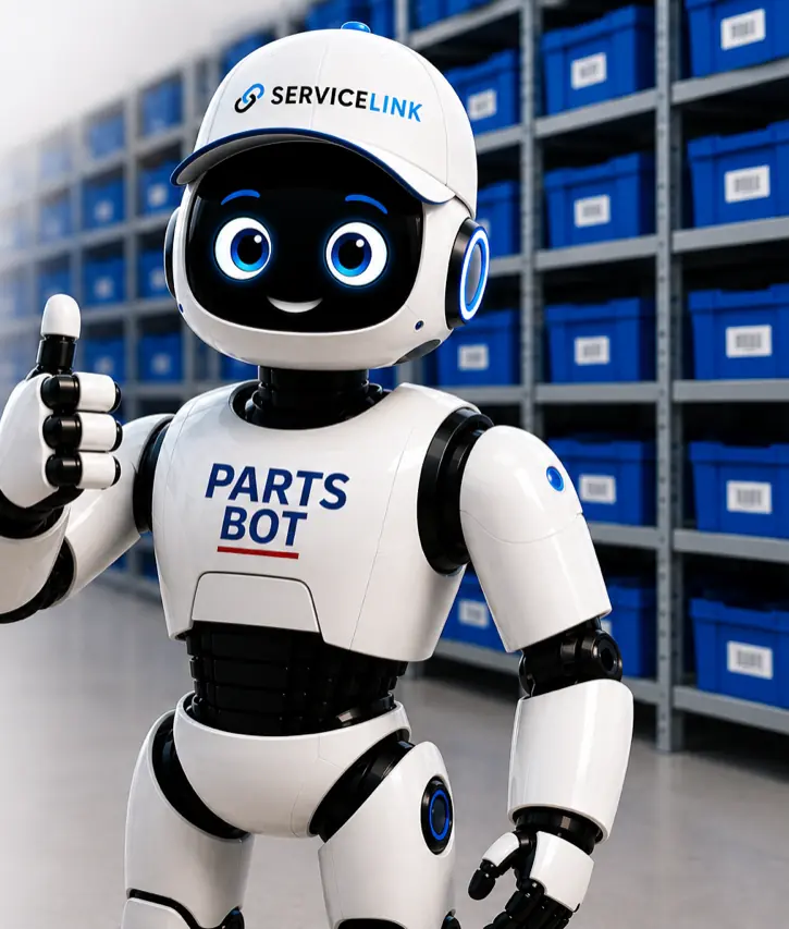PartsBot, a friendly white robot, giving a thumbs-up in front of shelves of blue parts bins
