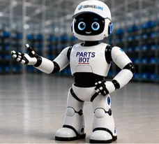 PartsBot robot waving in a parts warehouse